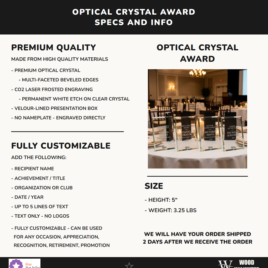 Personalized Elegant Crystal Award Specifications - dimensions, materials, features