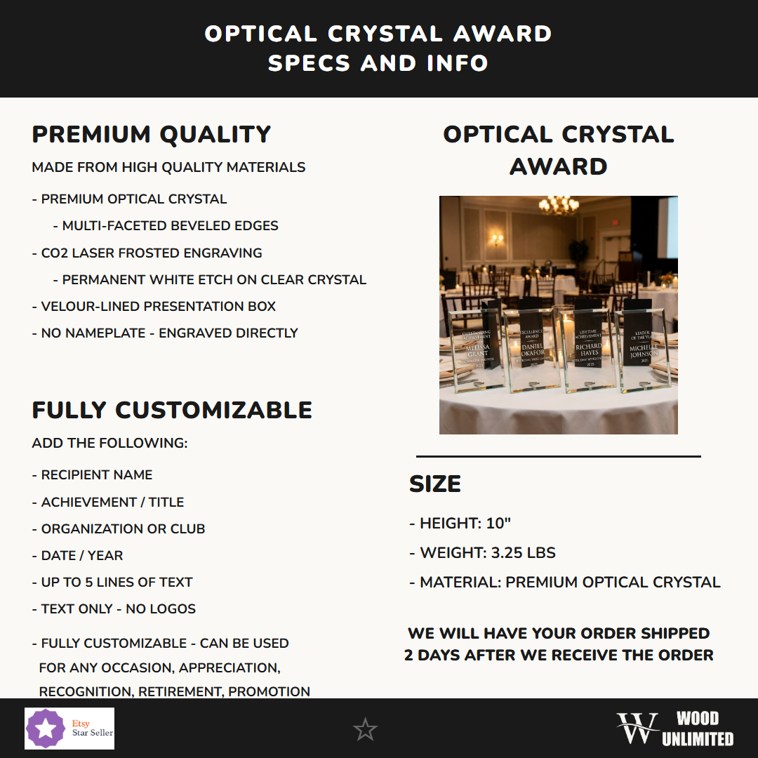 Personalized Elegant Crystal Award Specifications - dimensions, materials, features