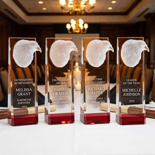 Personalized Eagle Crystal Award with Red Base - custom laser engraved - view 1