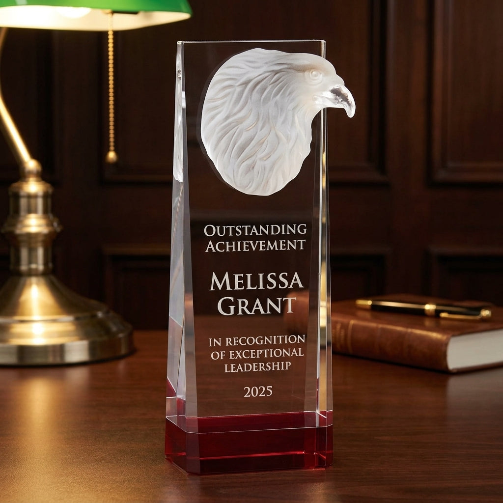 Personalized Eagle Crystal Award with Red Base - custom laser engraved - view 2