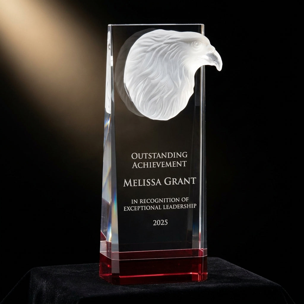 Personalized Eagle Crystal Award with Red Base - custom laser engraved - view 3