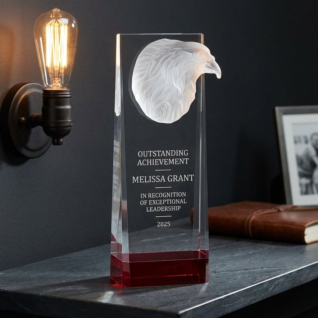 Personalized Eagle Crystal Award with Red Base - custom laser engraved - view 5