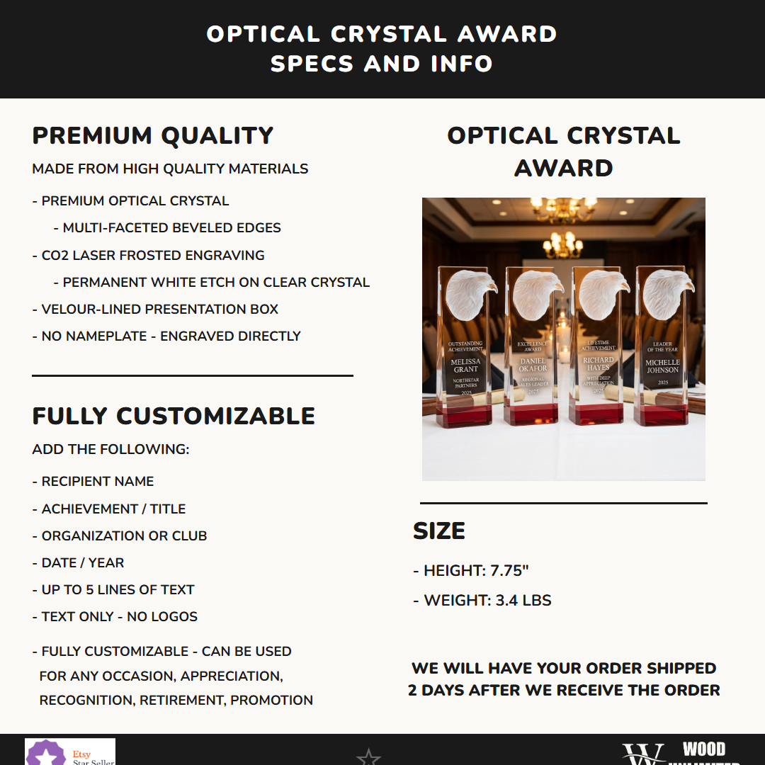 Personalized Eagle Crystal Award with Red Base Specifications - dimensions, materials, features