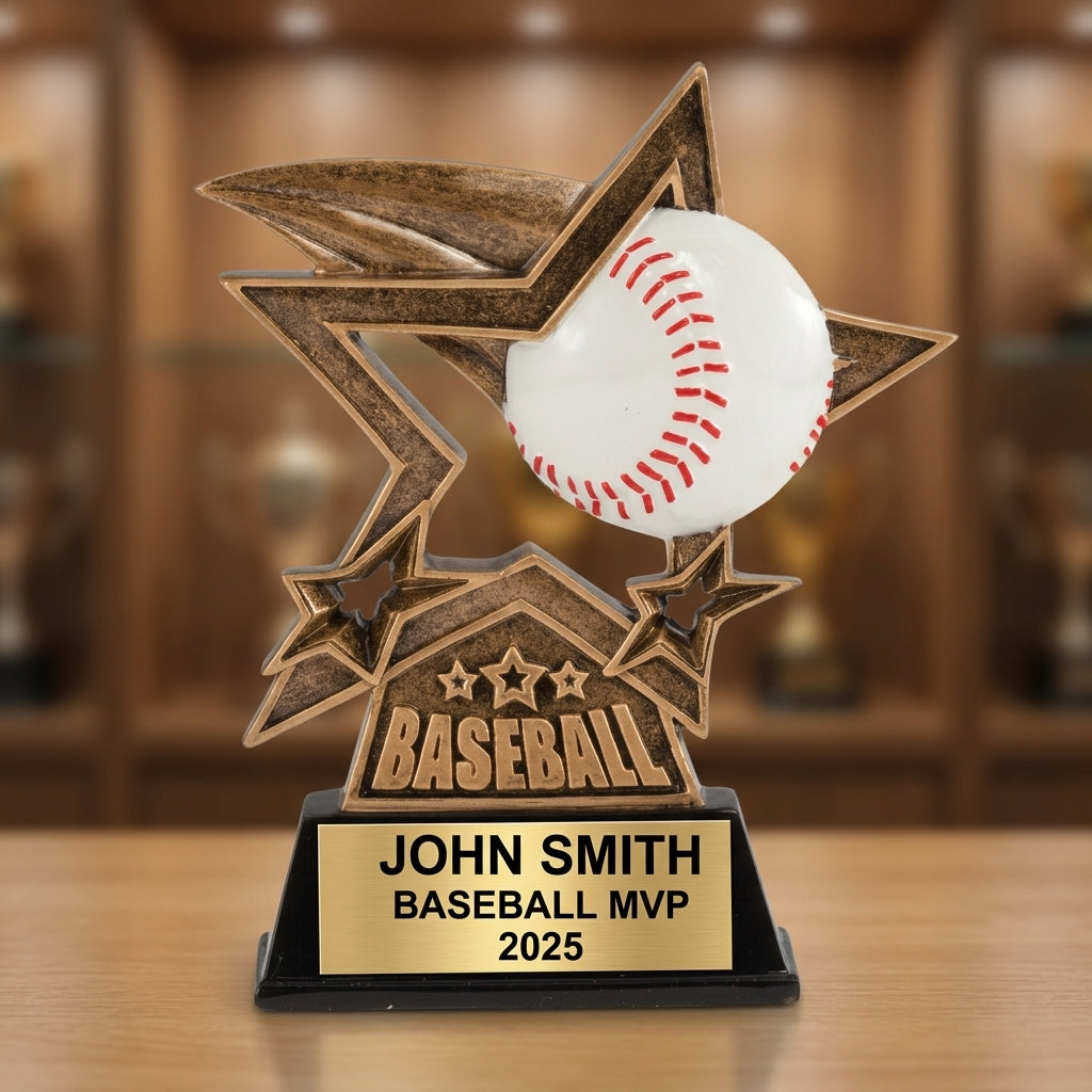 Personalized 6-inch baseball trophy with custom laser-engraved gold nameplate on weighted base for awards and recognition