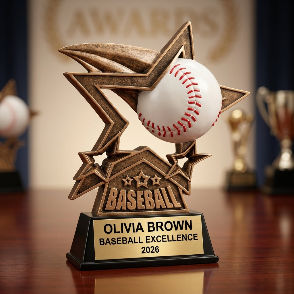 Baseball trophy specifications showing 6-inch height, gold finish, resin construction, and personalization options