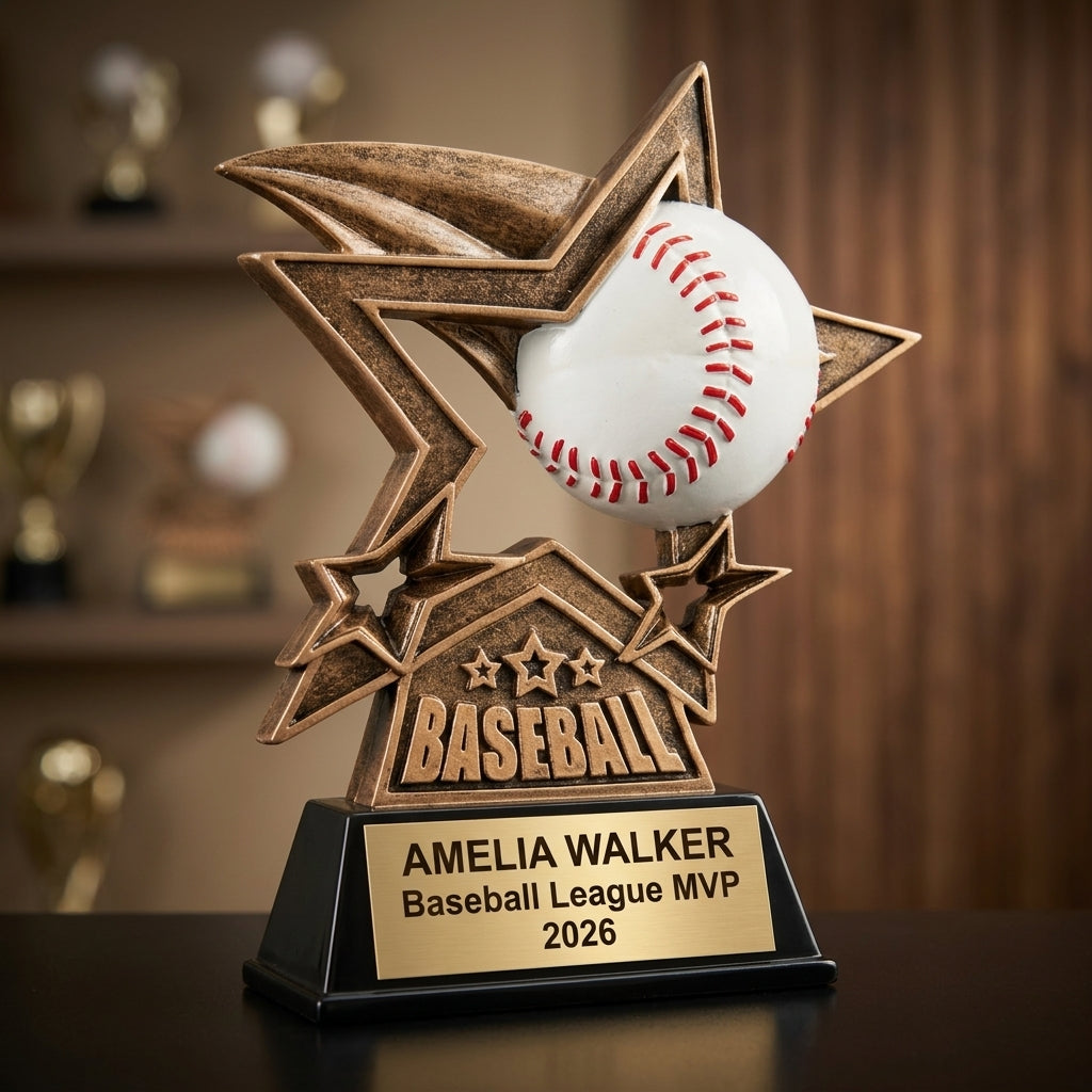 Baseball trophy banquet display with multiple personalized awards featuring custom laser engraving