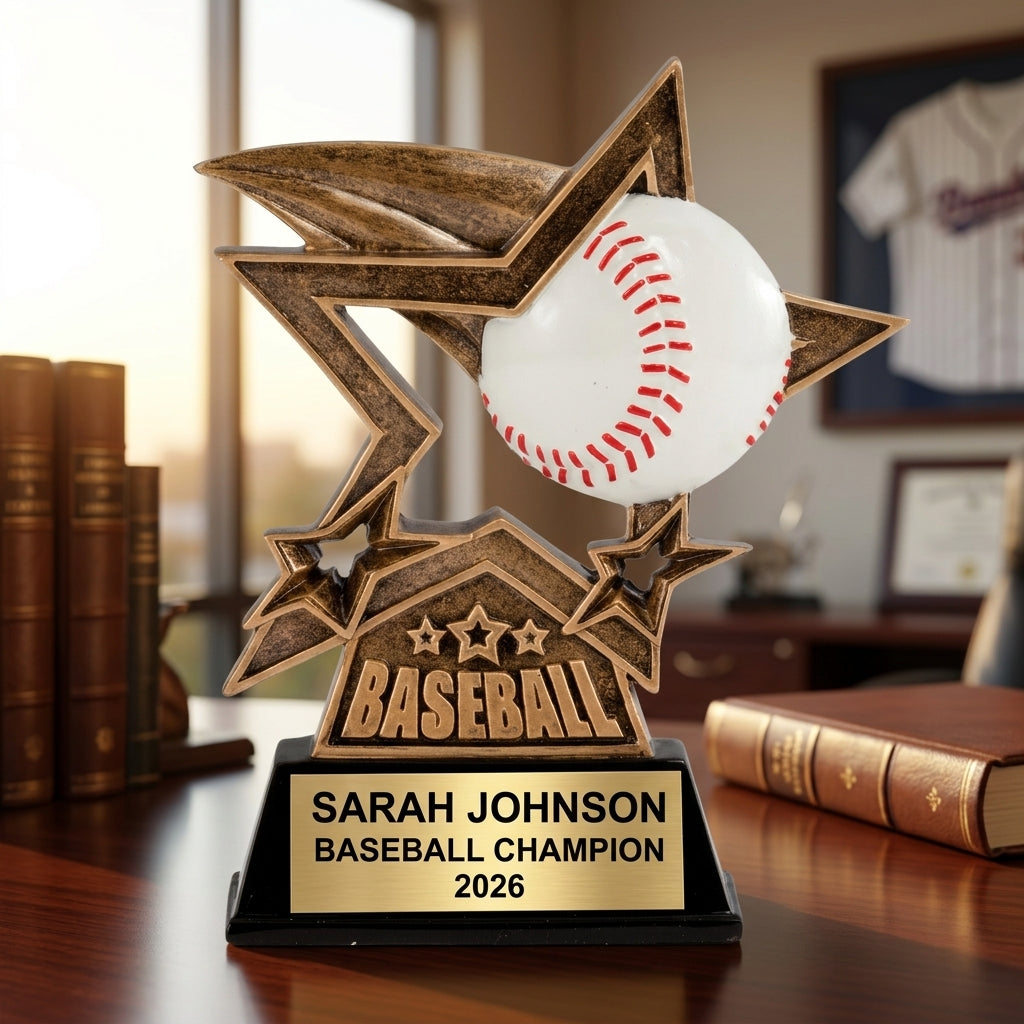 Close-up of laser-engraved gold nameplate on personalized baseball trophy showing custom name, achievement, and year