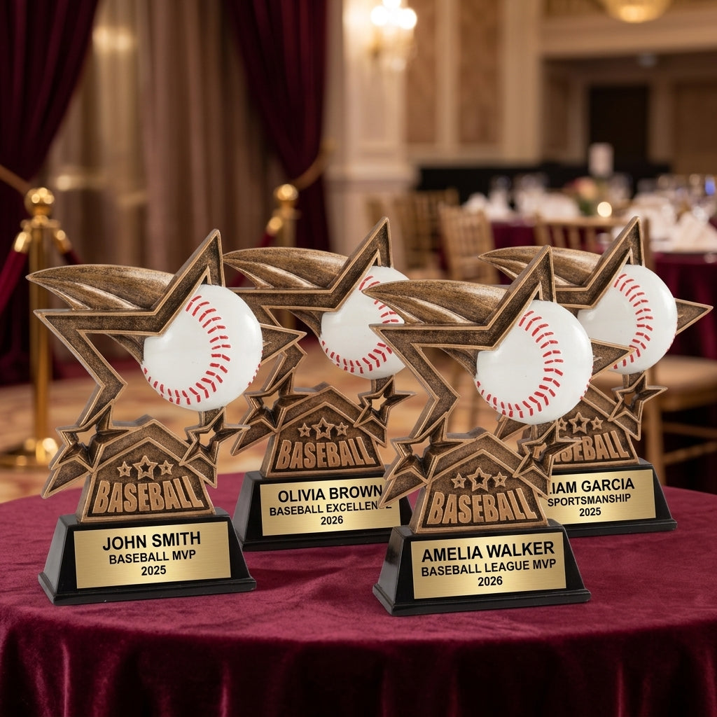Customer reviews for Wood Unlimited personalized baseball trophies with 5-star ratings and trust badges