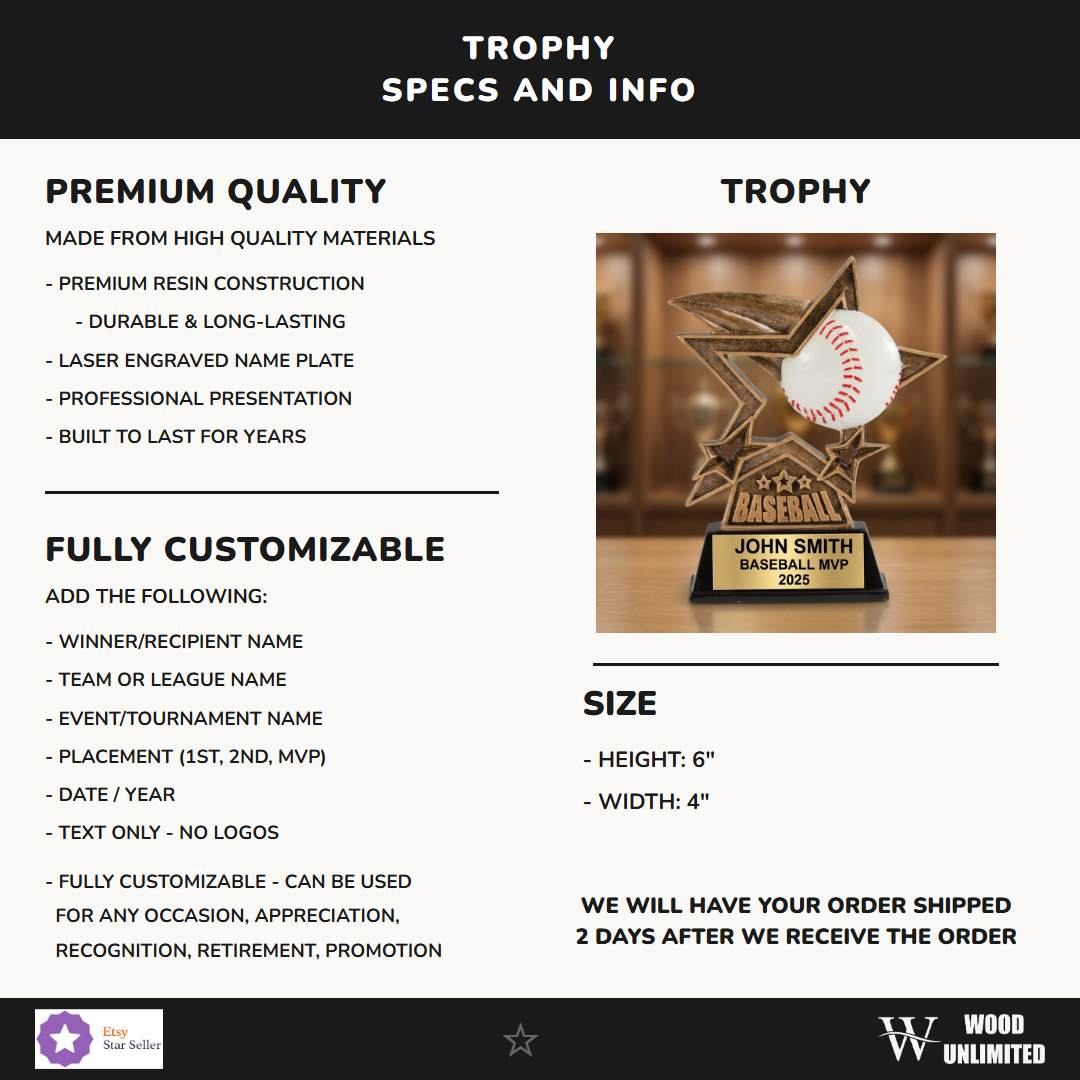 Custom engraved baseball trophy perfect for youth leagues, coaches gifts, and end-of-season team recognition