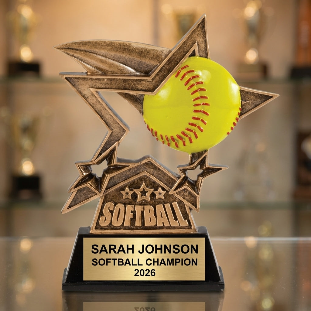 Personalized 6-inch softball trophy with custom laser-engraved gold nameplate on weighted base for awards and recognition