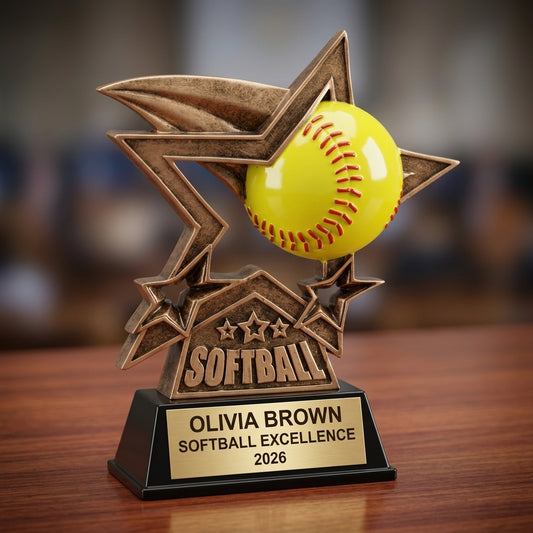 Softball trophy specifications showing 6-inch height, gold finish, resin construction, and personalization options