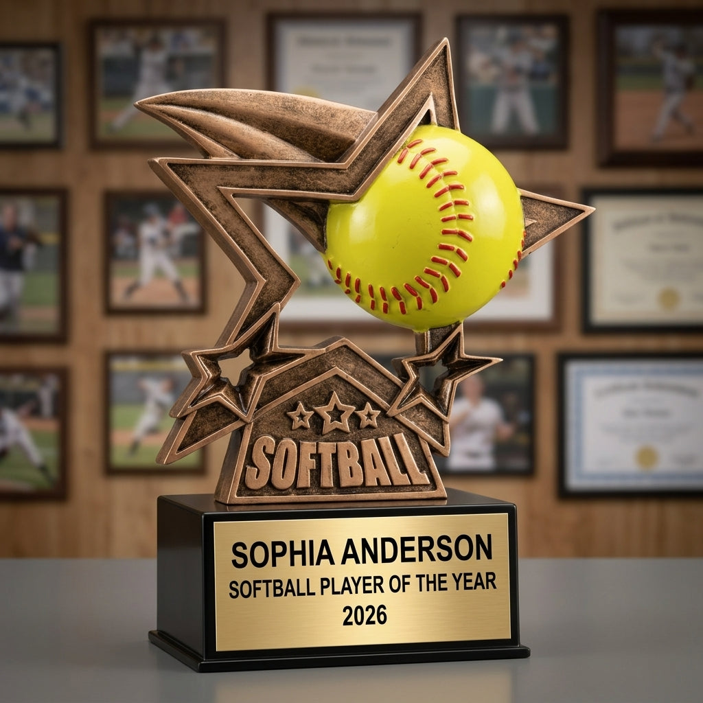 Softball trophy banquet display with multiple personalized awards featuring custom laser engraving