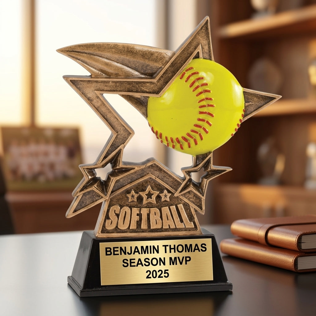 Close-up of laser-engraved gold nameplate on personalized softball trophy showing custom name, achievement, and year