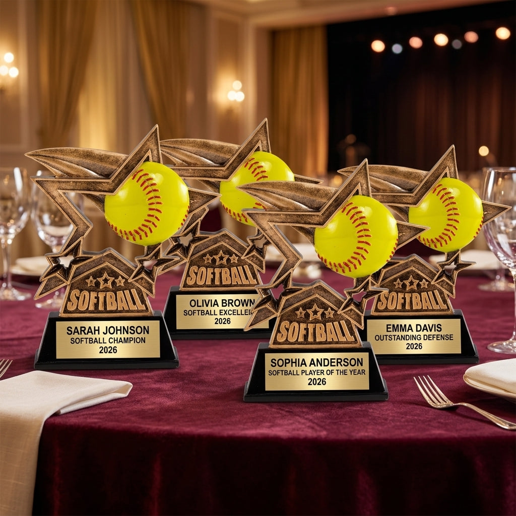 Customer reviews for Wood Unlimited personalized softball trophies with 5-star ratings and trust badges