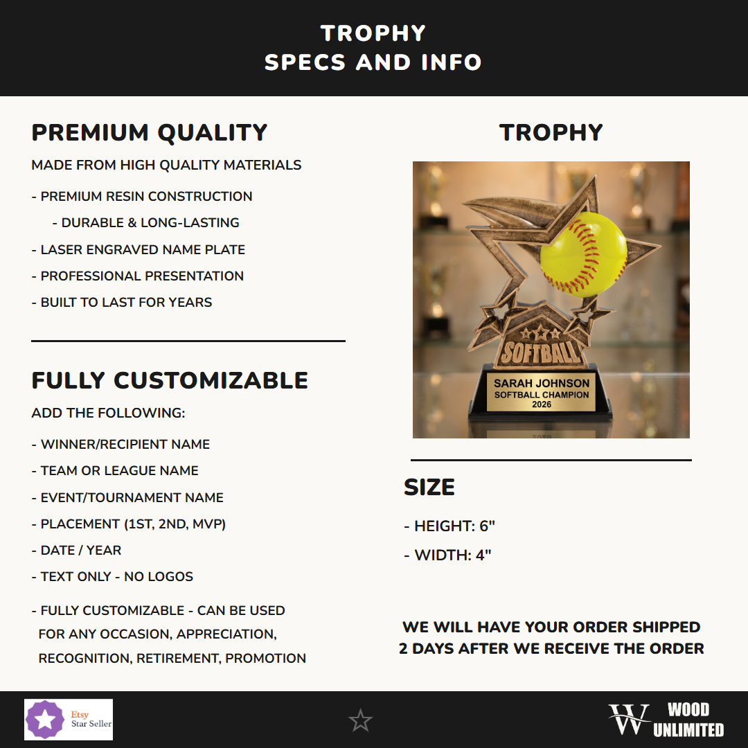 Custom engraved softball trophy perfect for youth leagues, coaches gifts, and end-of-season team recognition