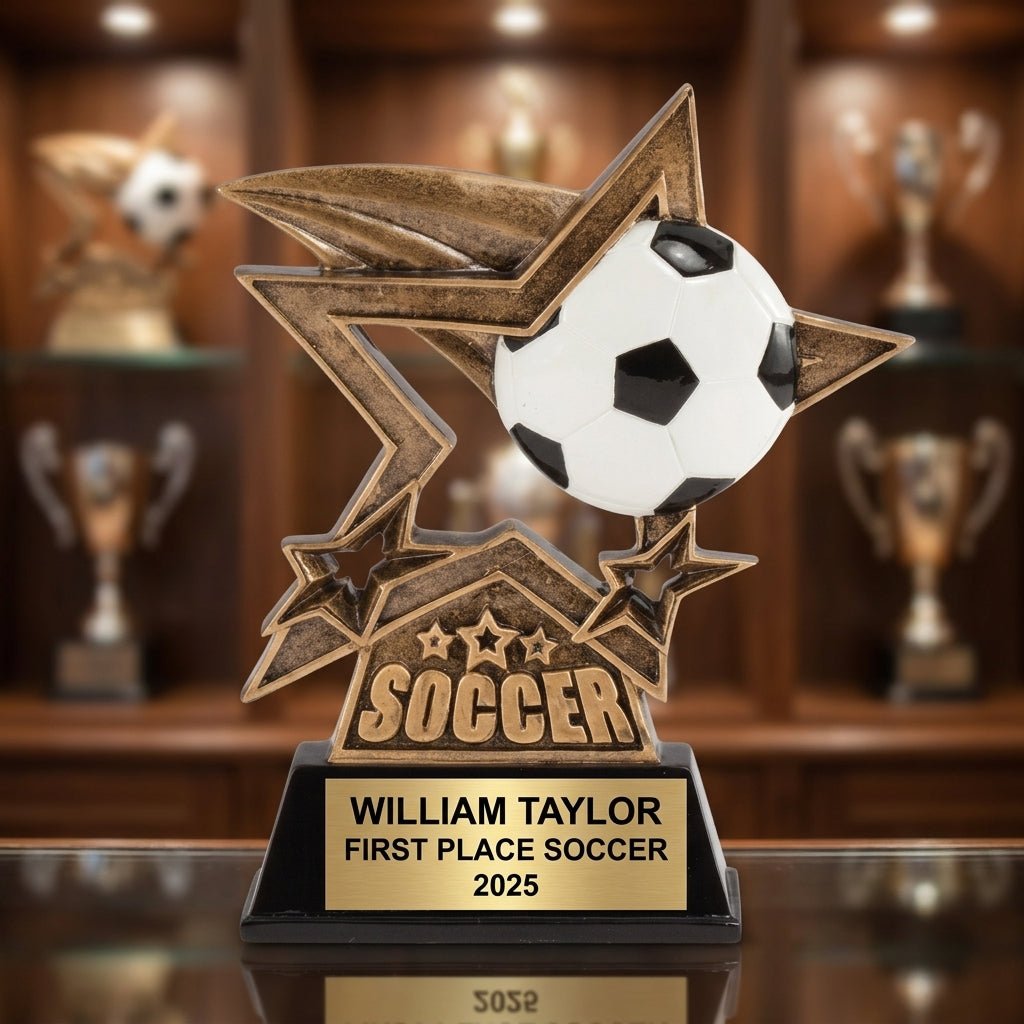 Personalized 6-inch soccer trophy with custom laser-engraved gold nameplate on weighted base for awards and recognition