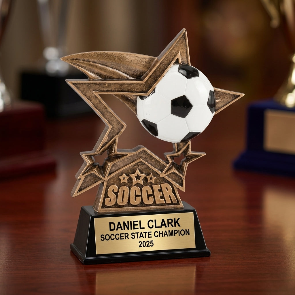 Soccer trophy specifications showing 6-inch height, gold finish, resin construction, and personalization options