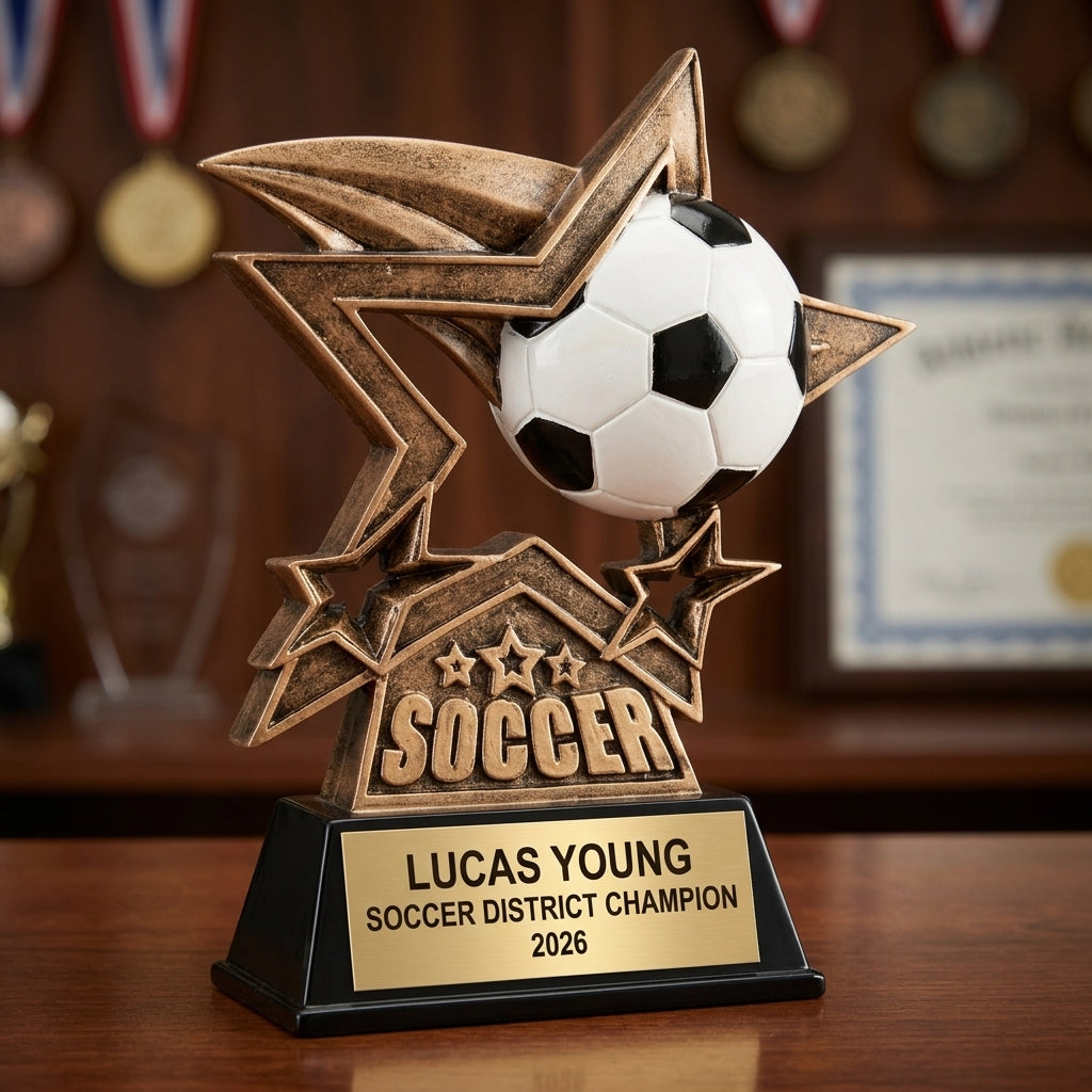 Soccer trophy banquet display with multiple personalized awards featuring custom laser engraving