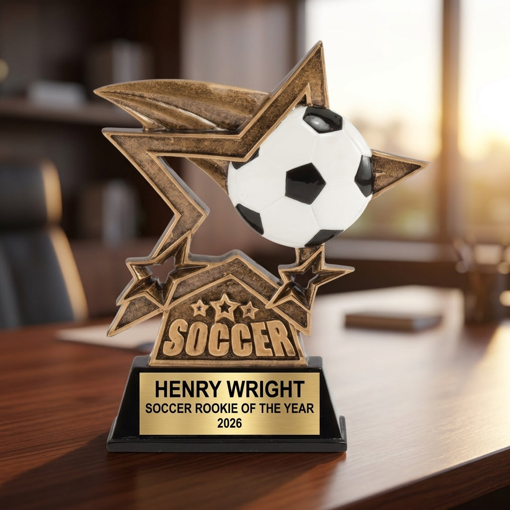 Close-up of laser-engraved gold nameplate on personalized soccer trophy showing custom name, achievement, and year