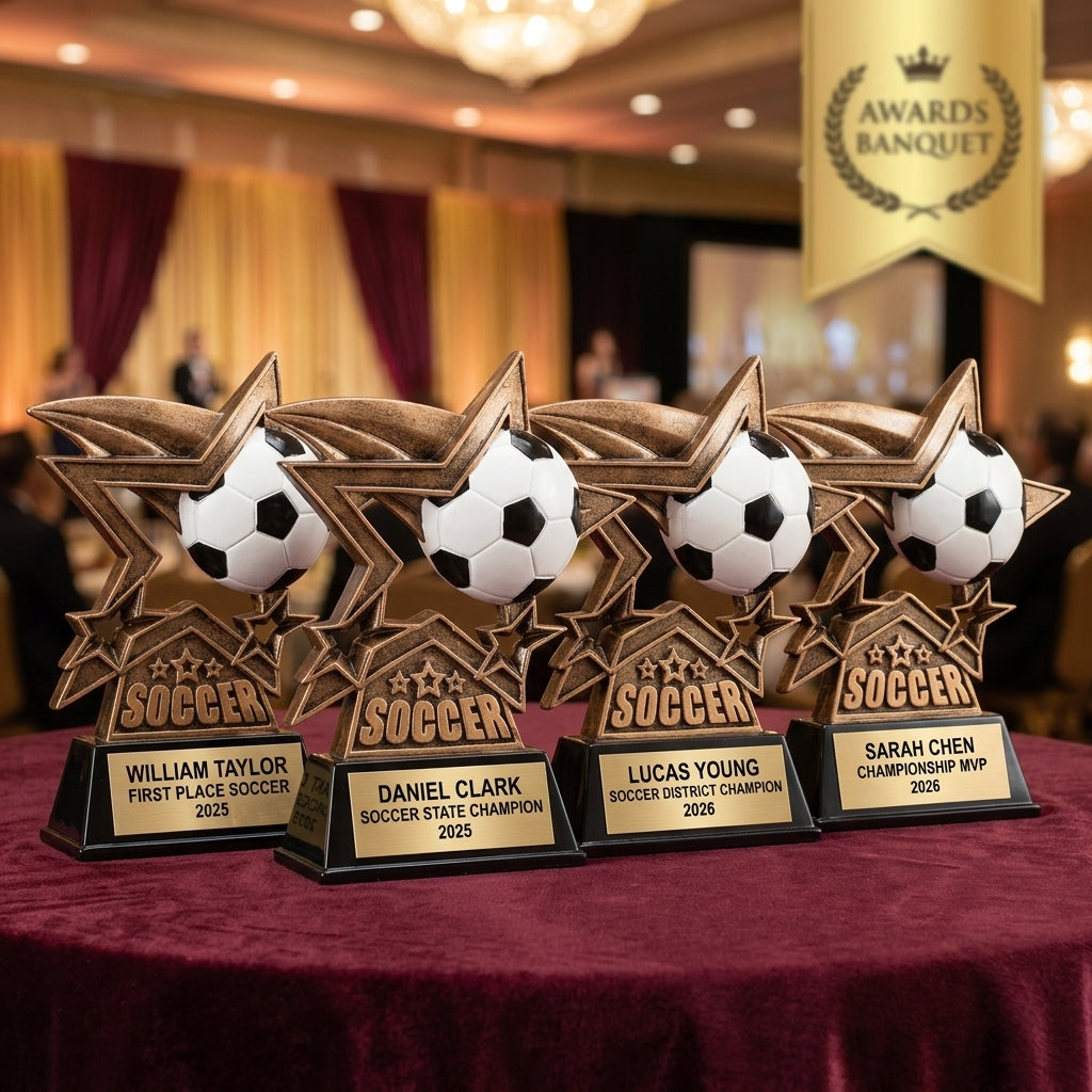 Customer reviews for Wood Unlimited personalized soccer trophies with 5-star ratings and trust badges