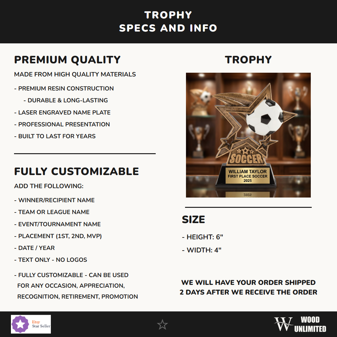 Custom engraved soccer trophy perfect for youth leagues, coaches gifts, and end-of-season team recognition