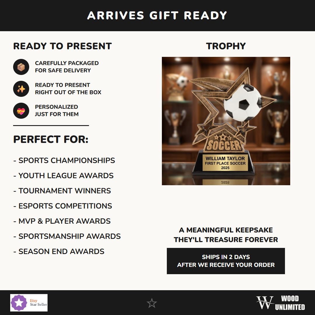 Personalized soccer trophy ideal for tournament champions, MVP recognition, and school athletics