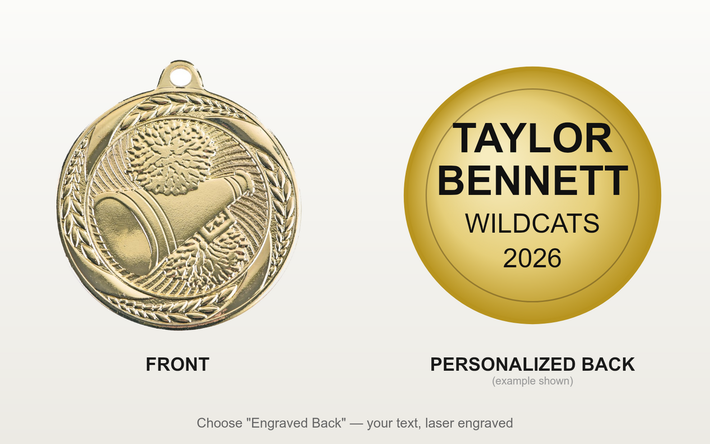 Personalized Cheerleading Medals with Neck Ribbon - Gold - Custom Engraved