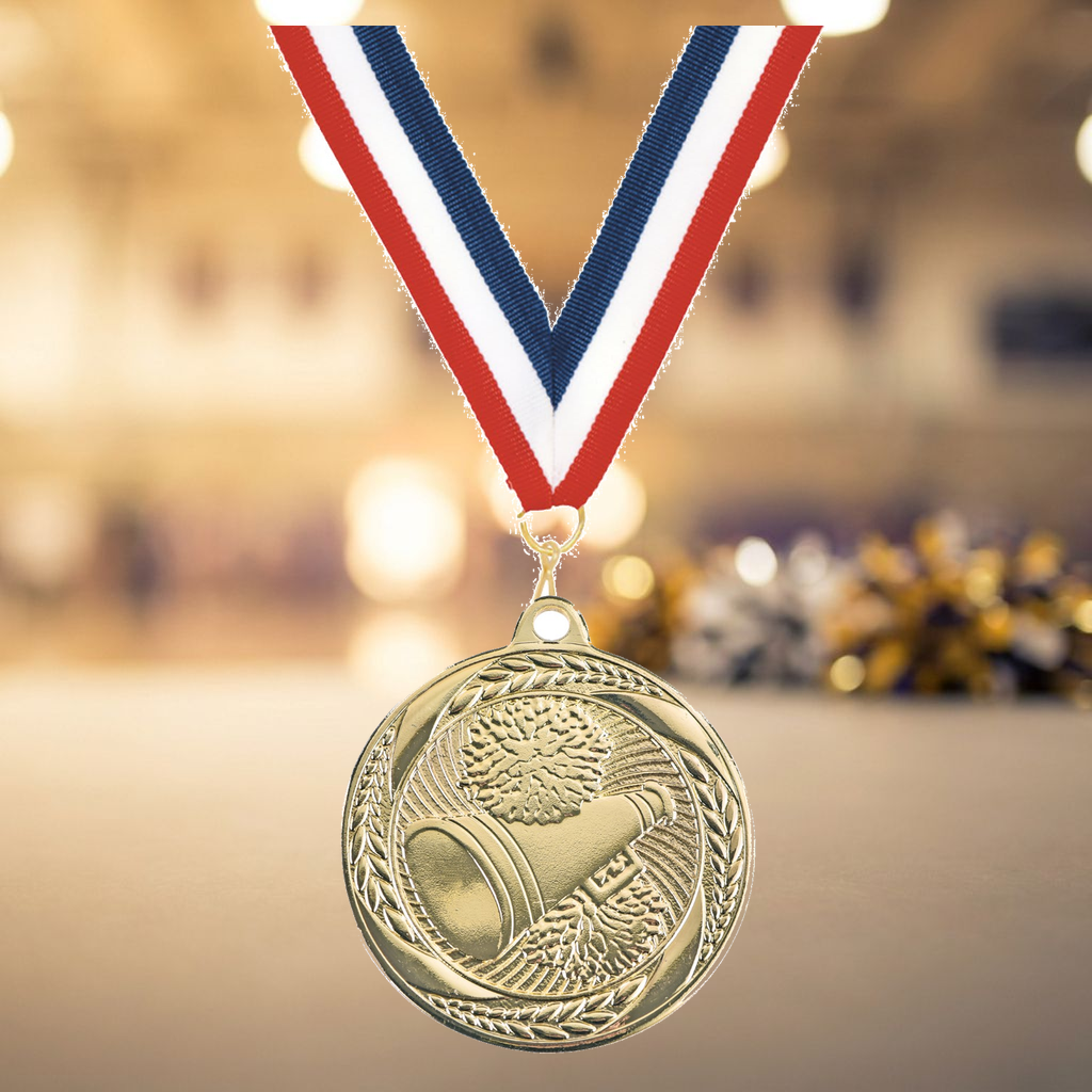 Personalized Cheerleading Medals with Neck Ribbon - Gold - Custom Engraved