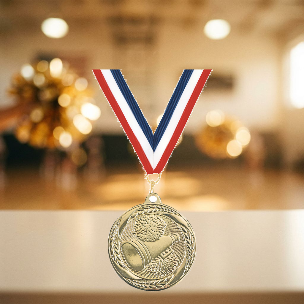 Personalized Cheerleading Medals with Neck Ribbon - Gold - Custom Engraved