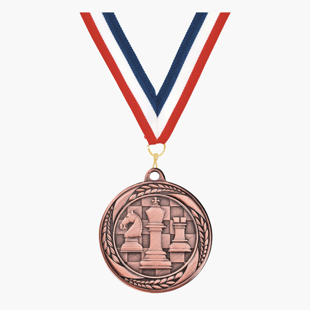 Personalized Chess Medals with Neck Ribbon - Gold Silver Bronze - Custom Engraved