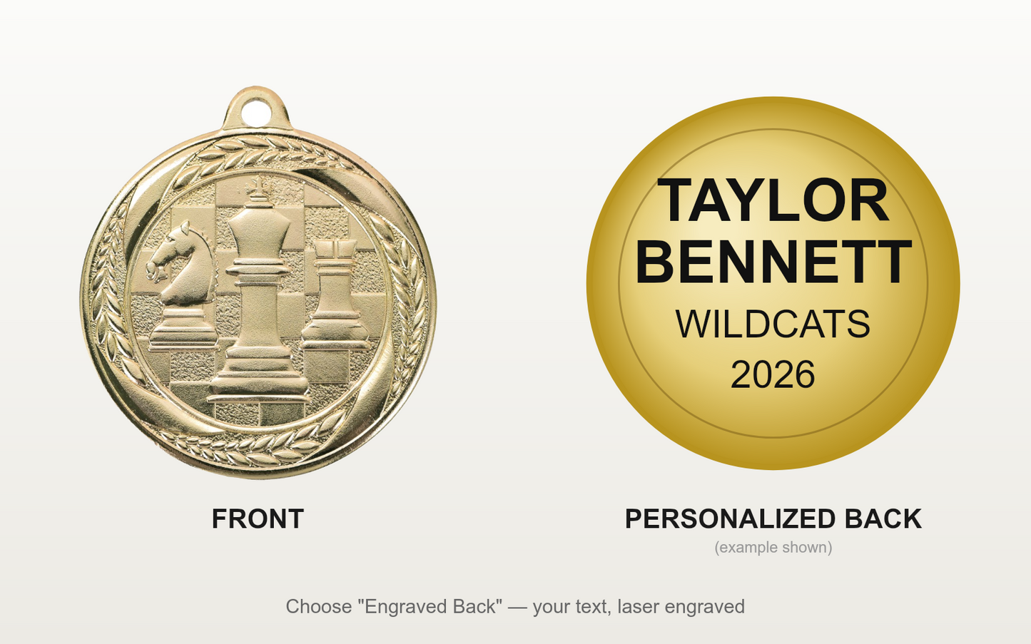 Personalized Chess Medals with Neck Ribbon - Gold Silver Bronze - Custom Engraved