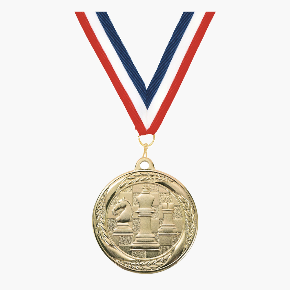 Personalized Chess Medals with Neck Ribbon - Gold Silver Bronze - Custom Engraved