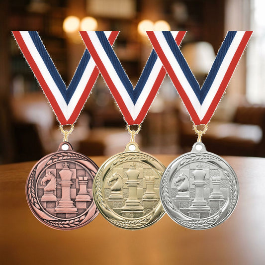 Personalized Chess Medals with Neck Ribbon — personalized laser engraved medals from Wood Unlimited, made to order in Alabama