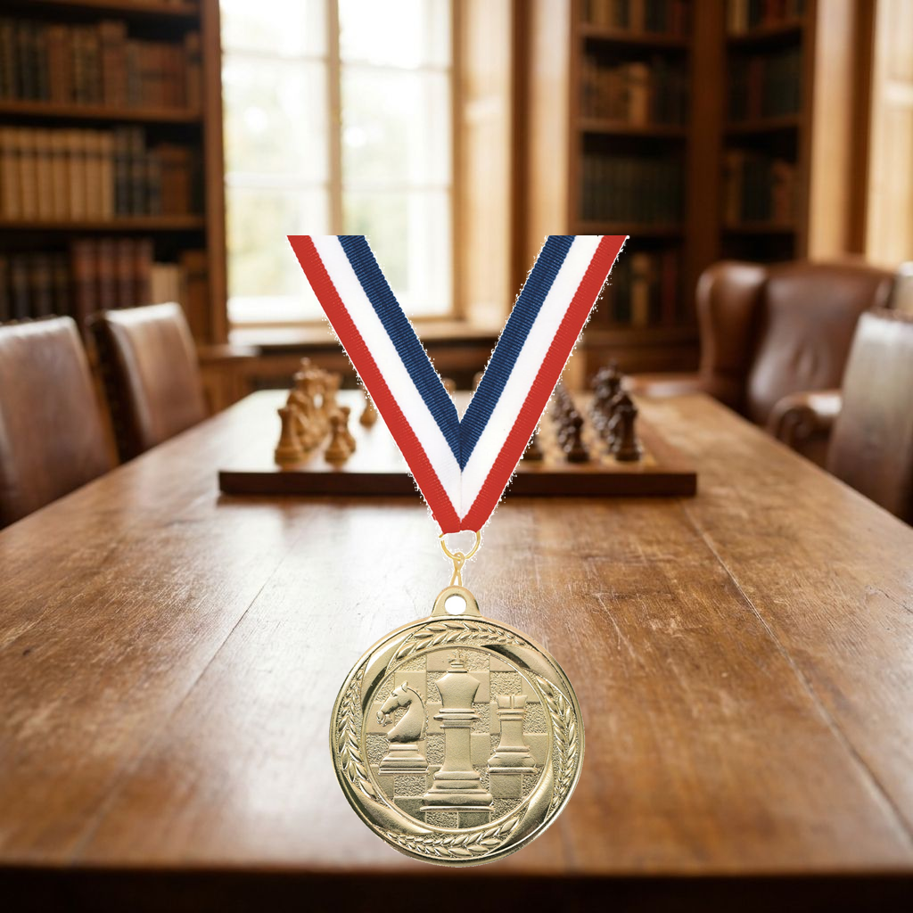 Personalized Chess Medals with Neck Ribbon - Gold Silver Bronze - Custom Engraved
