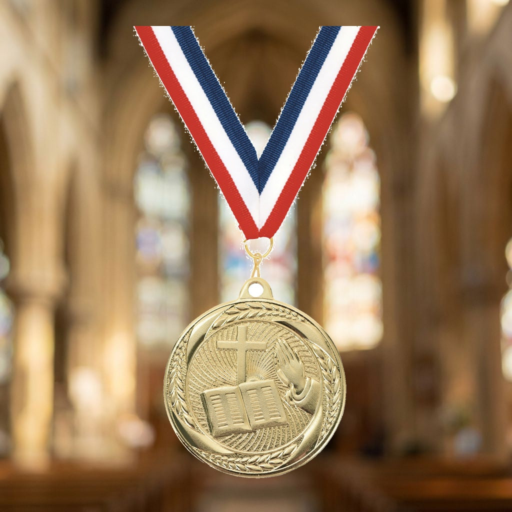 Personalized Church Medals with Neck Ribbon - Gold - Custom Engraved