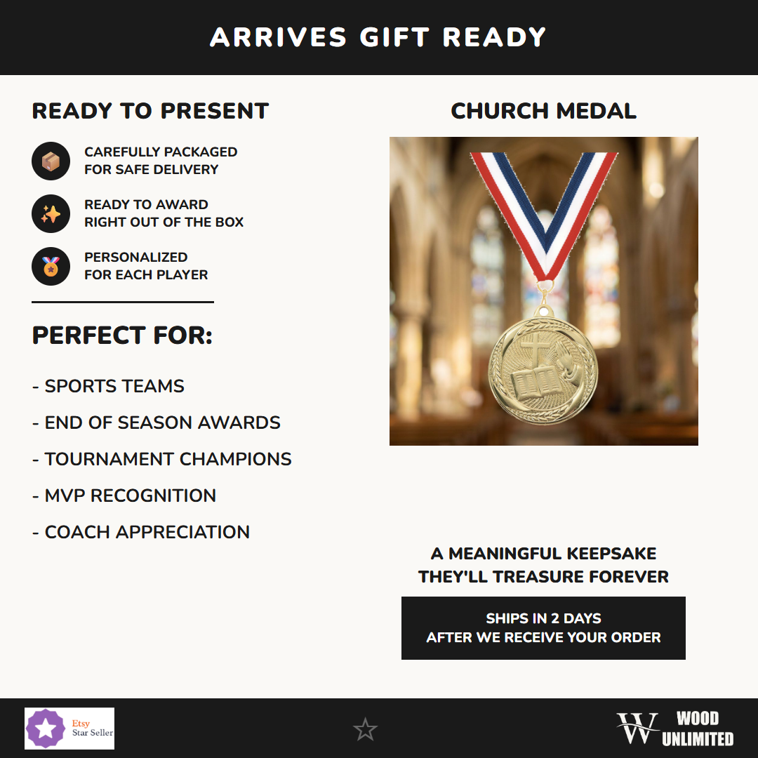 Personalized Church Medals with Neck Ribbon - Gold - Custom Engraved