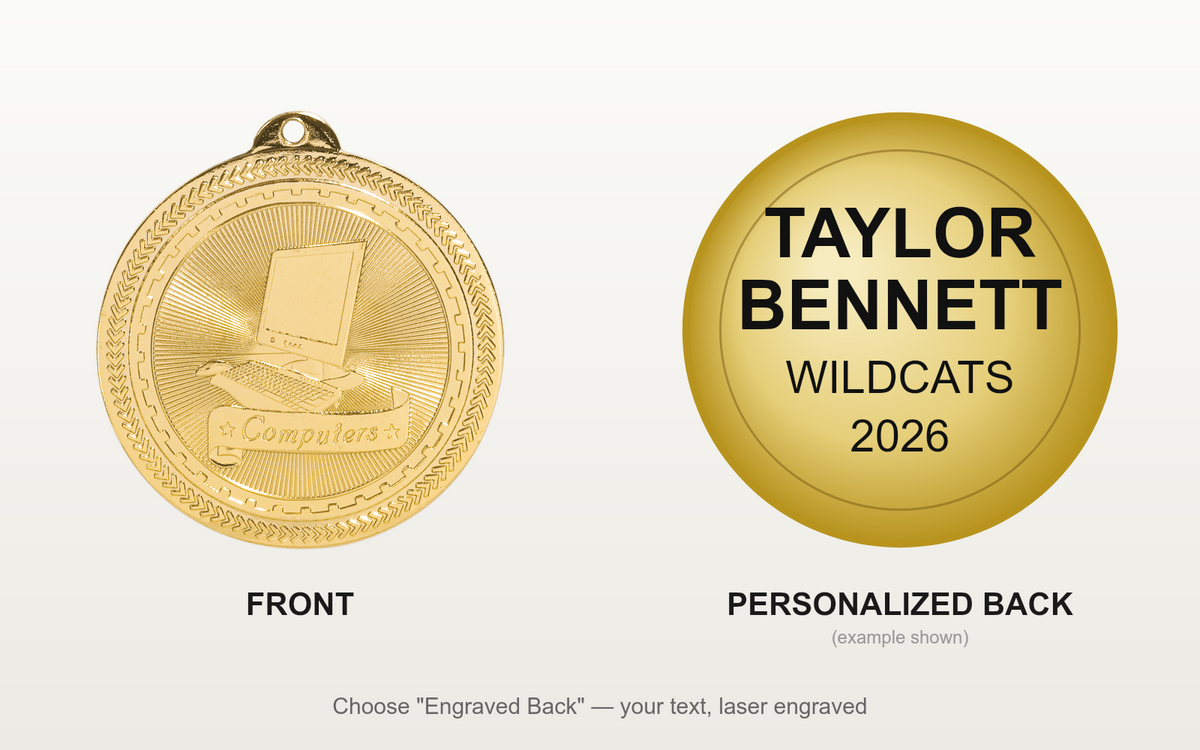 Personalized Coding Medals with Neck Ribbon - Gold Silver Bronze - Custom Engraved