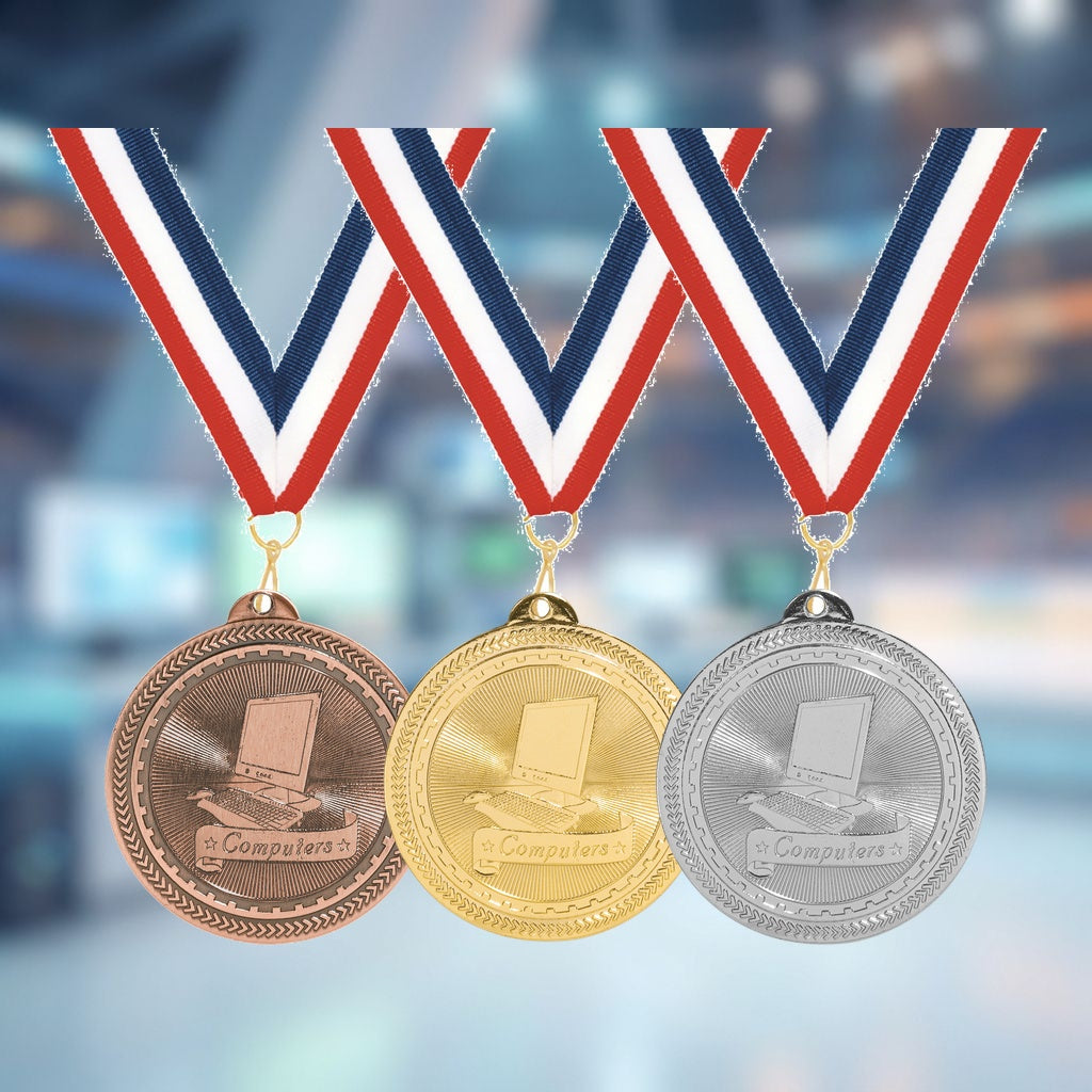 Personalized Coding Medals with Neck Ribbon - Gold Silver Bronze - Custom Engraved