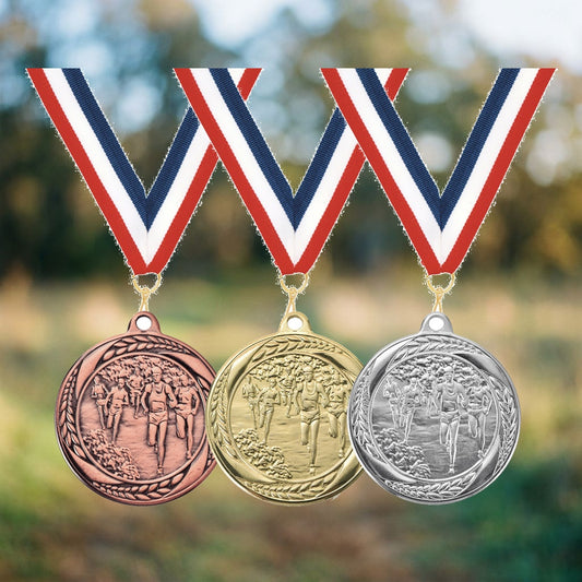 Personalized Cross Country Medals with Neck Ribbon — personalized laser engraved medals from Wood Unlimited, made to order in Alabama