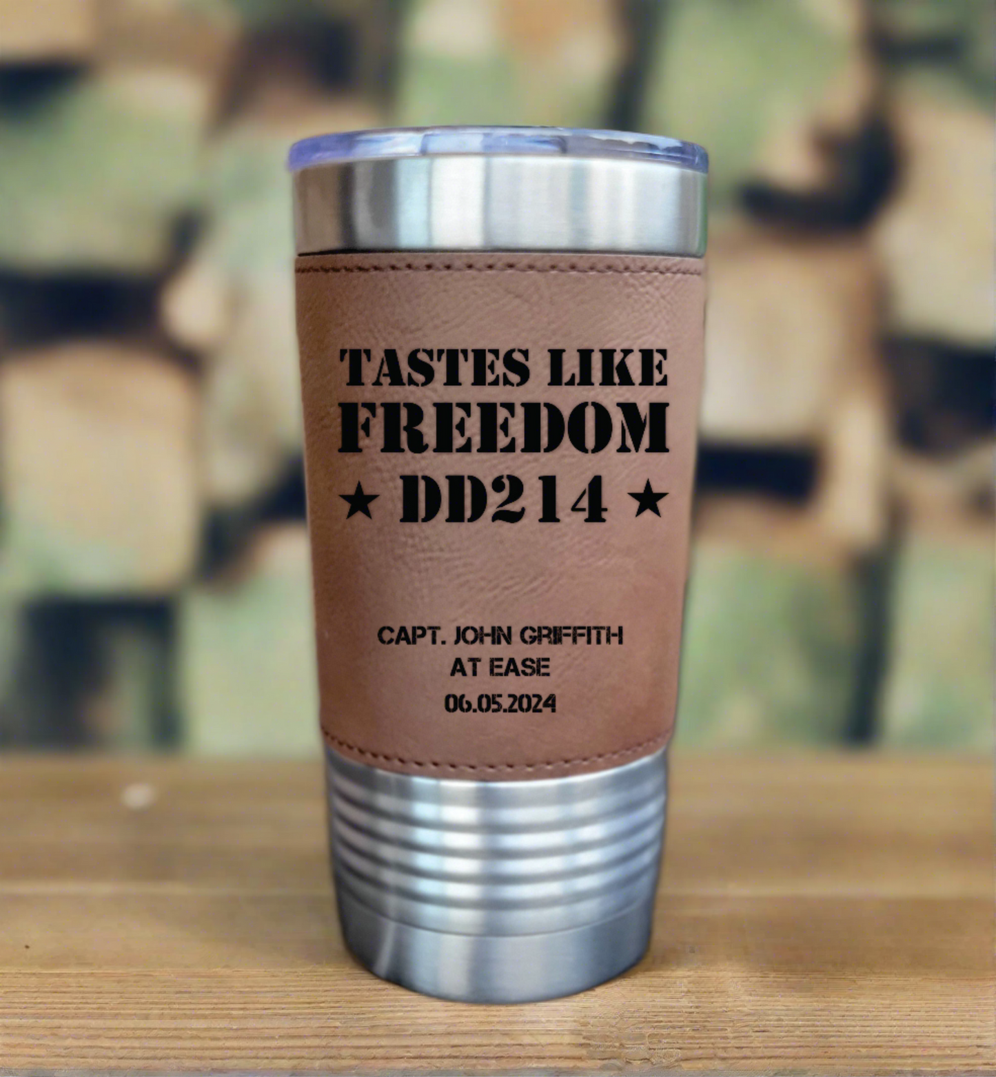 Personalized DD214 Military Retirement Gift - Personalized Leather 20oz Insulated Leatherette Drink Tumbler, Retirement Name Coffee Tumbler