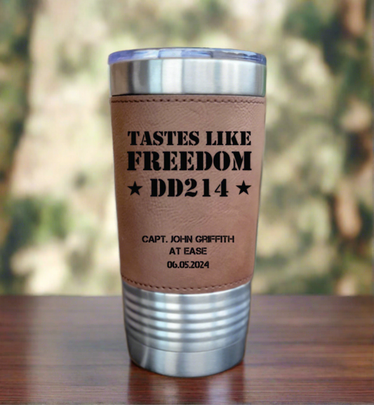 Personalized DD214 Military Retirement Gift - Personalized Leather 20oz Insulated Leatherette Drink Tumbler, Retirement Name Coffee Tumbler