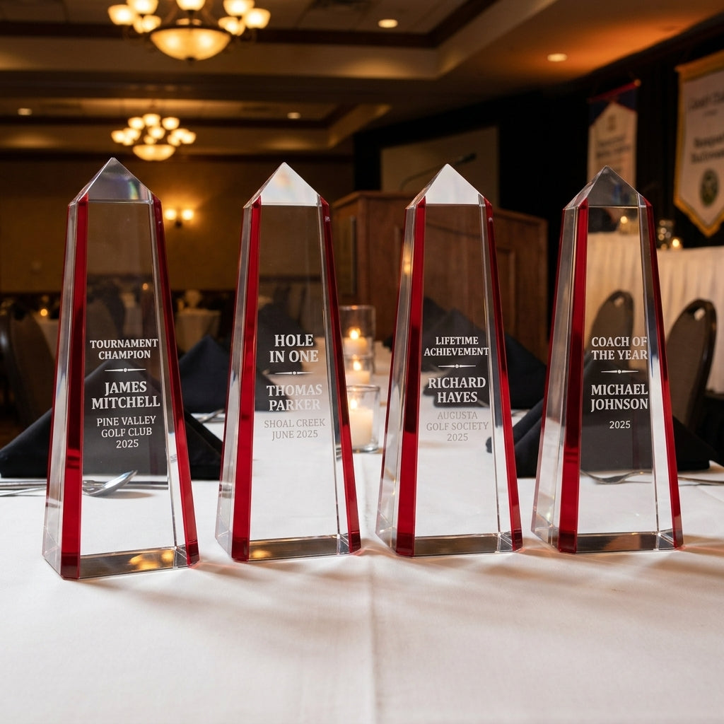 Front view of a personalized Golf Award award in optical crystal, custom engraved with the recipient's name and achievement — featuring custom engraved golf tournament champion award, a popular choice for Golf clubs and societies for Golf outings