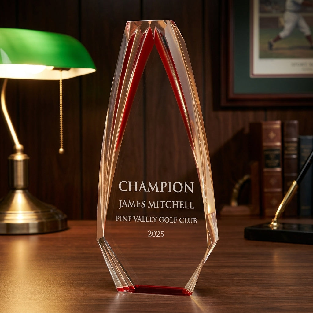 Personalized Golf Award award angled view showing the optical crystal finish and custom engraving detail — featuring crystal golf award for hole in one, a popular choice for Tournament organizers for Hole-in-one celebrations