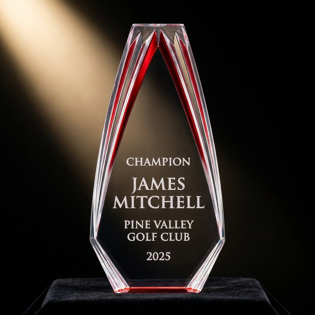 Close-up of the custom engraved name plate on a personalized Golf Award award (optical crystal) — featuring personalized coach appreciation gift, a popular choice for Corporate event planners for Retirement parties