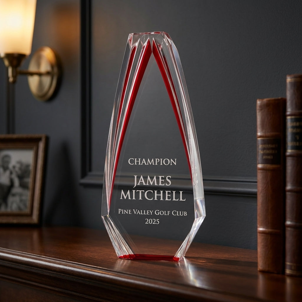 Personalized Golf Award award additional detail view, four clear optical crystal awards, each shaped like an obelisk with red accent strips, personalized with custom laser engraving for various golf achievements and recognition, engraved in optical crystal — featuring corporate recognition crystal award, a popular choice for Individuals gifting coaches for Employee recognition events