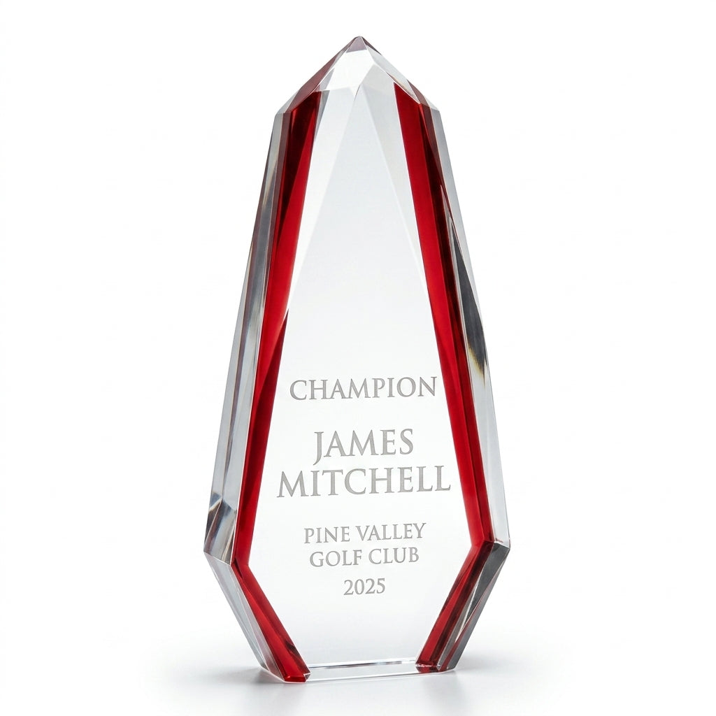 Multiple personalized Golf Award awards displayed together for a banquet or team order, each custom engraved in optical crystal — featuring custom golf club championship trophy, a popular choice for Individuals commemorating personal golf achievements for End-of-season banquets