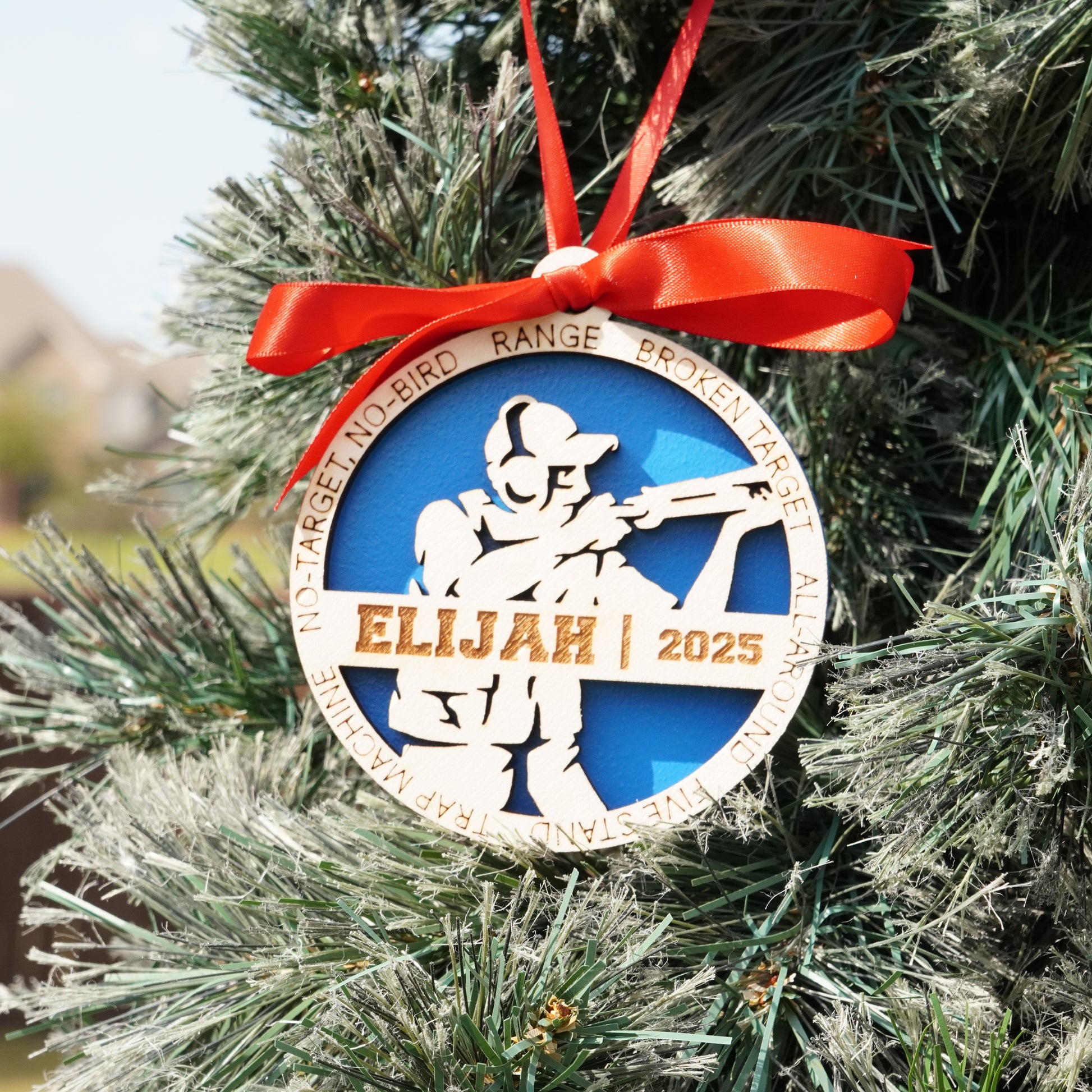 Decorative ornament with a red ribbon on a Christmas tree