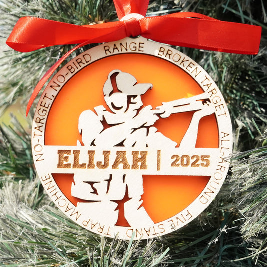 Decorative Christmas ornament with a silhouette of a person holding a skeet shooting on a christmas tree, Clay Shooting Ornament, Skeet Shooting Gift, Clay Shooter Gift