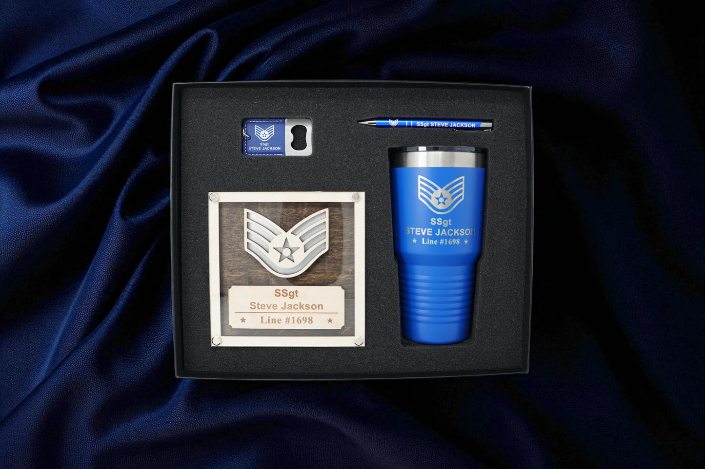 Air Force Promotion Gift Set – Personalized USAF Plaque + 30oz Tumbler, Engraved Pen & Keychain, Custom Gift Box