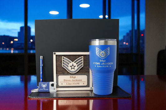 Air Force Promotion Gift Set – Personalized USAF Plaque + 30oz Tumbler, Engraved Pen & Keychain, Custom Gift Box